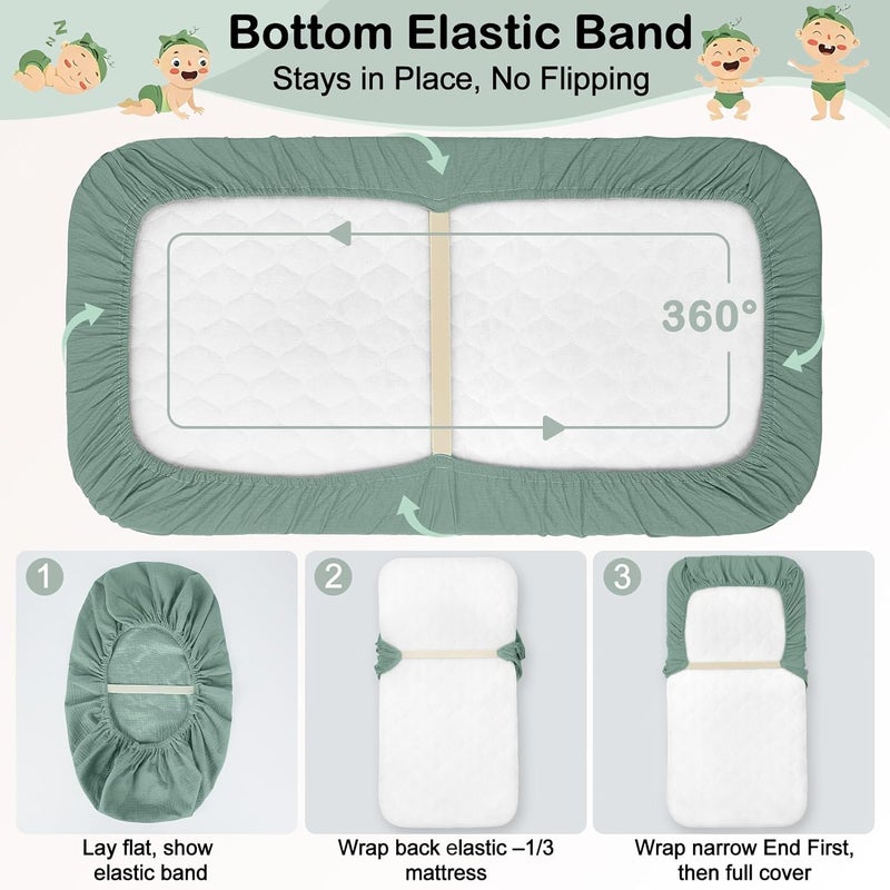 BeBeJoJo Baby Bassinet Sheets TPU Waterproof 2 Pack Soft Muslin Bedside Bassinet Mattress Sheets with Bottom Elastic Band for Baby Boy Girls Unisex Fit Hourglass Oval and Rectangle, Dark Green - Image 4